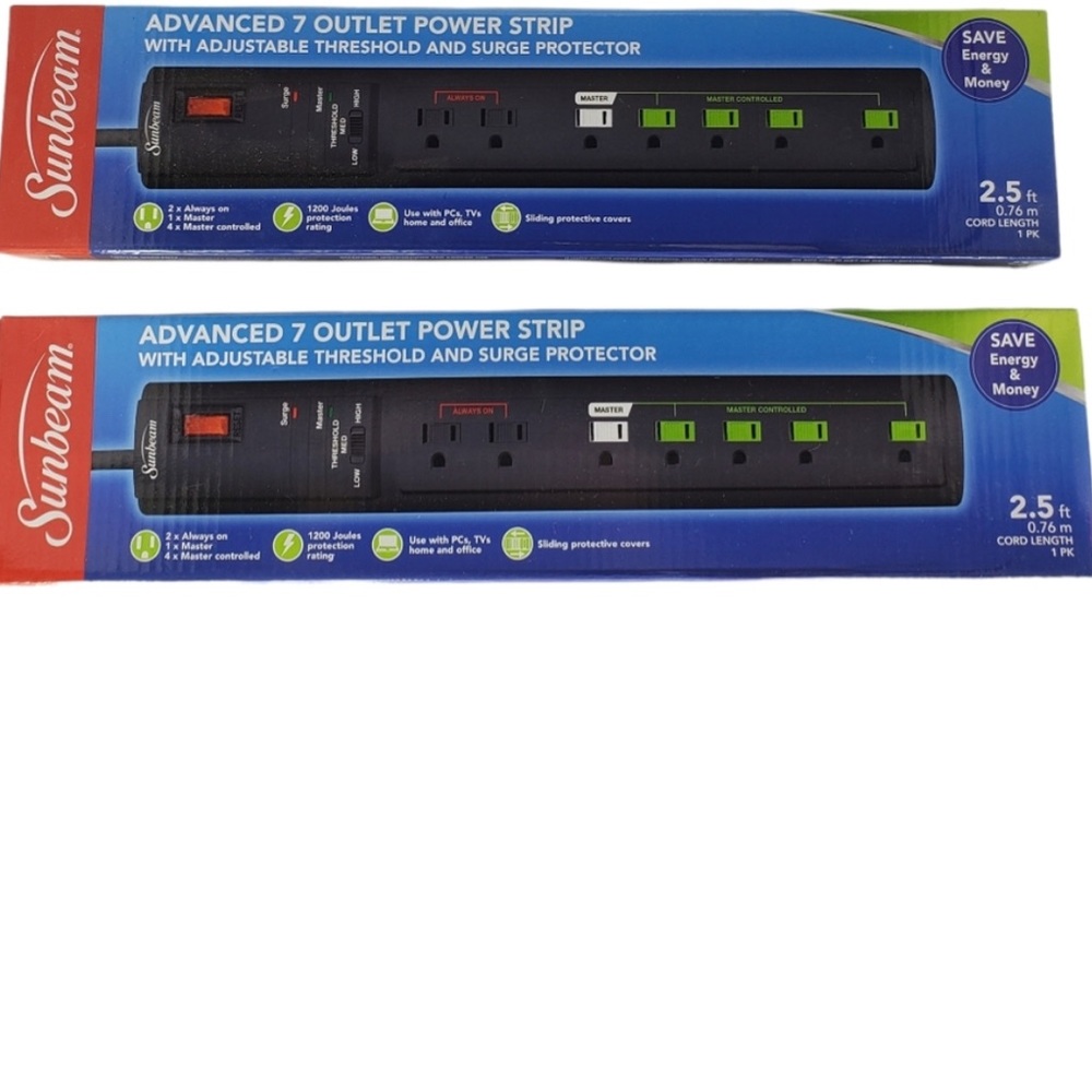 New, (2) Sunbeam Advance 7 Outlet Power Strips with Surge Protector & Spaced